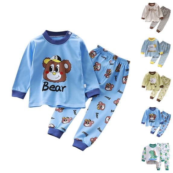 UJNDER Little Boys Girls Cartoon Print Round Neck Long Sleeve Top and Pants Thermal Loungewear Pajama Set for Toddler Kids Kids Pajamas,02_Sky Blue,6-7 Years