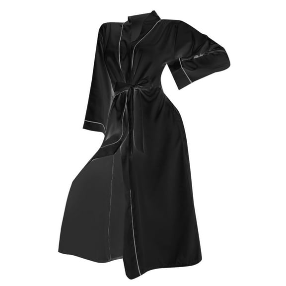 UJNDER Long Ice Silk Nightgown Summer Thin Fashion Home Clothes Women Cardigan Bathrobe Robes for Women Black S
