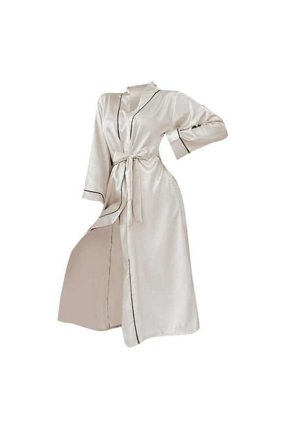 Long Ice Silk Nightgown Summer Thin Fashion Home Clothes Women Cardigan Bathrobe Robes for Women Khaki S