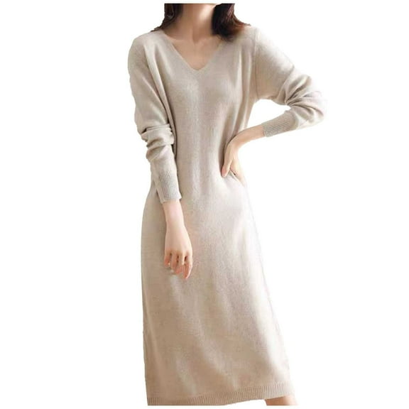 UJNDER Long Sleeve V Neck Wool Knit Dress For Women French Style Layering Long Dress Fall Winter Cozy Warm Casual Maxi Skirt Beige M