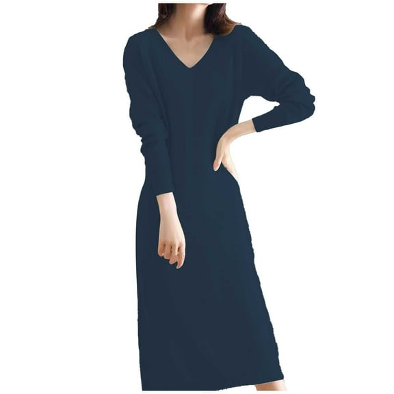 UJNDER Long Sleeve V Neck Wool Knit Dress For Women French Style Layering Long Dress Fall Winter Cozy Warm Casual Maxi Skirt Blue XL