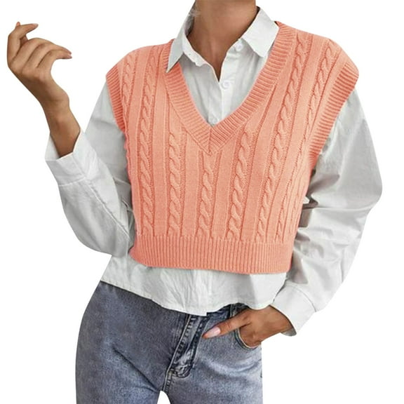 UJNDER Loose Knitted Cable Vest for Women Pullover V Neck Large Size Sweater Vest Orange XXL