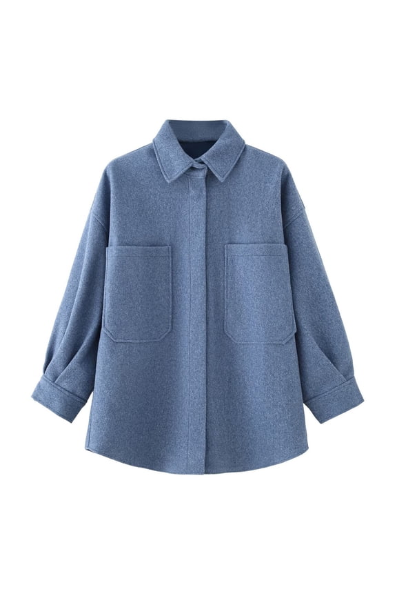 Minimalist Soft Shirt Style Coat with Large Pockets Fashionable Outerwear for Casual Wear for Women Blue XS