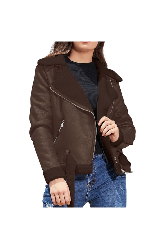 Motorcycle Jacket for Women Winter Thick Warm Suede Lamb Short Coat Shearling Sheepskin Leather Coffee XXL