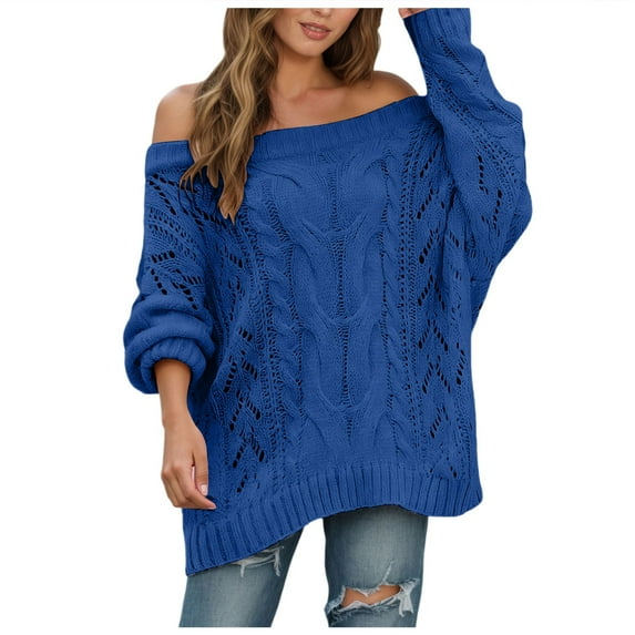 UJNDER Off Shoulder Sweater Knitted Pullover Loose Fit Casual Soft Comfortable Lightweight Long Sleeve Crewneck Blouse Fall Winter Fashion Blue S