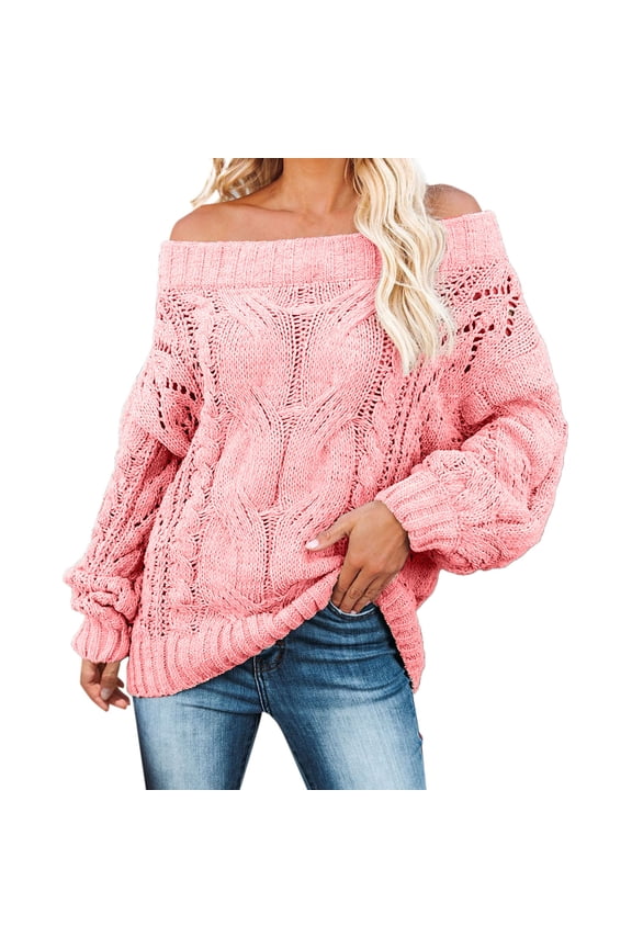 Off The Shoulder Tops for Women Long Sleeve Knit Shirt Pullover Sweater Casual Warm Pink L