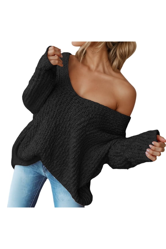 Oversized Knit Sweater Long Sleeve Crewneck Pullover Casual Loose Openwork Yarn Top Soft Comfortable Tunic Black S