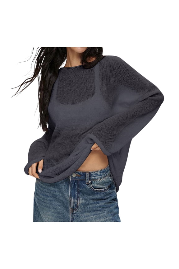 Oversized Long Sleeve Sheer Mesh Knit Sweater Tops for Women Fashion Summer Loose Fit Pullover Grey L