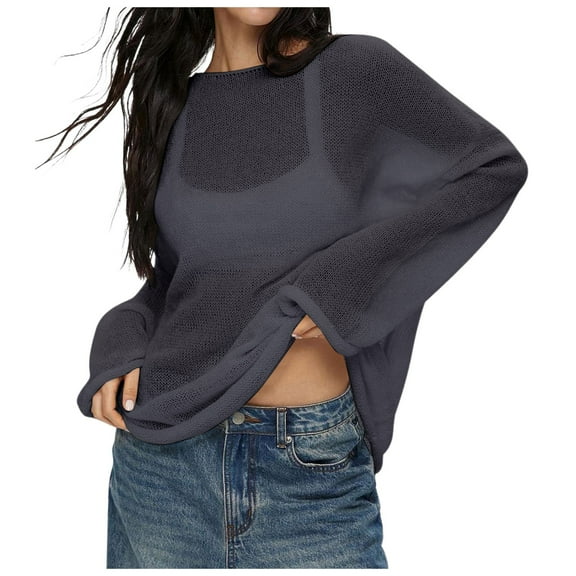 UJNDER Oversized Long Sleeve Sheer Mesh Knit Sweater Tops for Women Fashion Summer Loose Fit Pullover Grey L