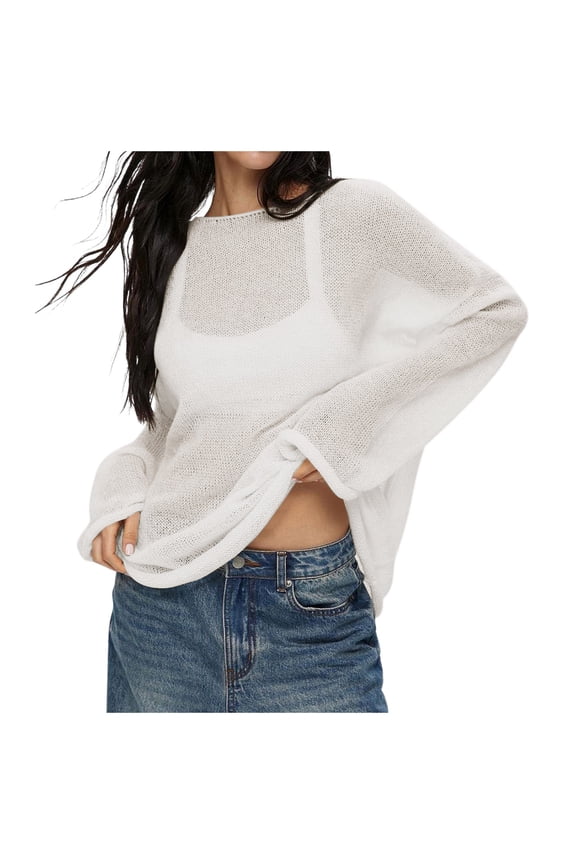 Oversized Long Sleeve Sheer Mesh Knit Sweater Tops for Women Fashion Summer Loose Fit Pullover White M