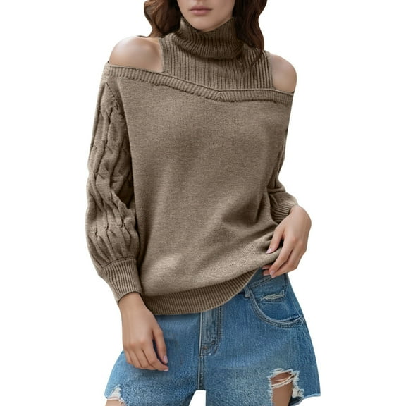 UJNDER Oversized Off The Shoulder Pullover Sweater Long Sleeve Semi High Neck Loose Knit Top Winter Fall Fashion Khaki One Size