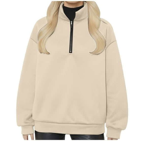 UJNDER Oversized Sweatshirt for Women Half Zip Solid Color Drop Shoulder Pullover Long Sleeve Workout Beige XL