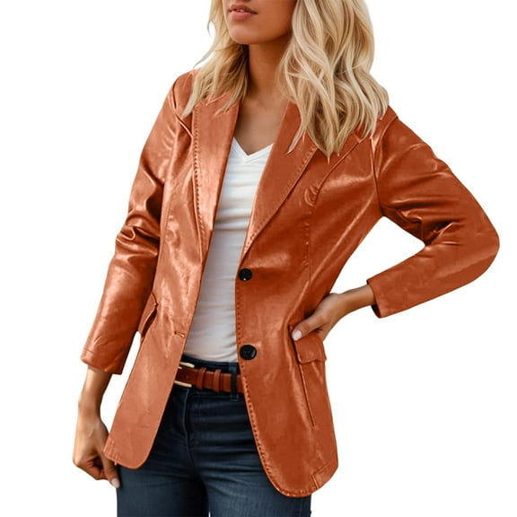 UJNDER Plus Size Coat V Neck Design with Pockets for Everyday Wear for Spring and Summer Pairs Well with Jeans Easy Care Lapel PU Leather Coats for Women Orange XXL