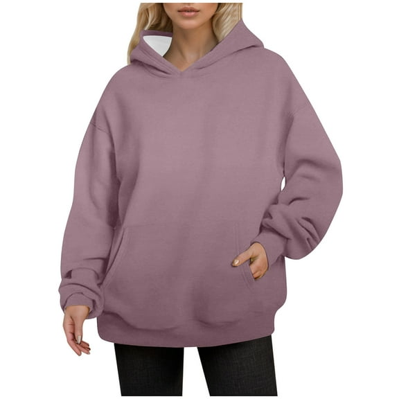 UJNDER Plus Size Hoodies for Women Solid Color Pocket Pullover Long Sleeve Casual Autumn Winter Light Purple XXXL