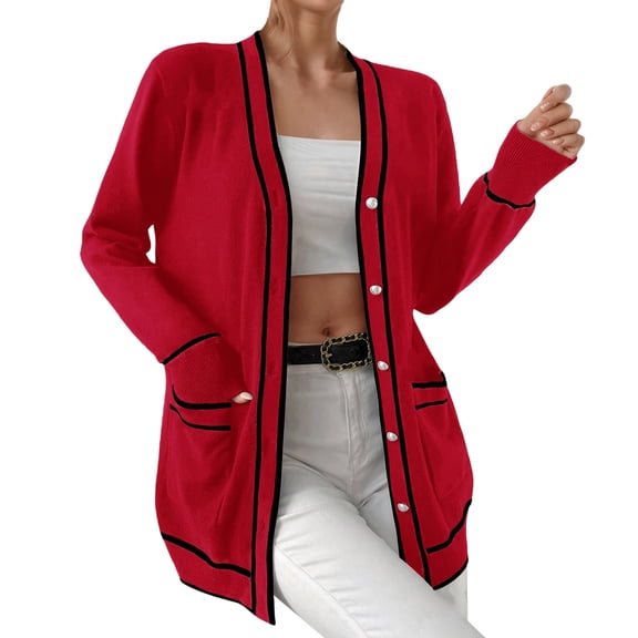 UJNDER Plus Size Knit Cardigan Sweater Open Front Long Sleeve Pocket Outwear Cozy Casual Loose Fit Jacket for Women Red XXXL