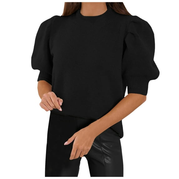 UJNDER Puff Short Sleeve Sweater Tops for Women Spring Summer Crew Neck Casual Tee Blouses Black L