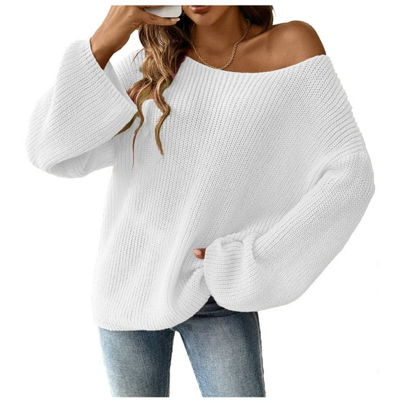 UJNDER Pullover Sweater Top for Women European Loose Neckline Off The Shoulder Sleeve White M