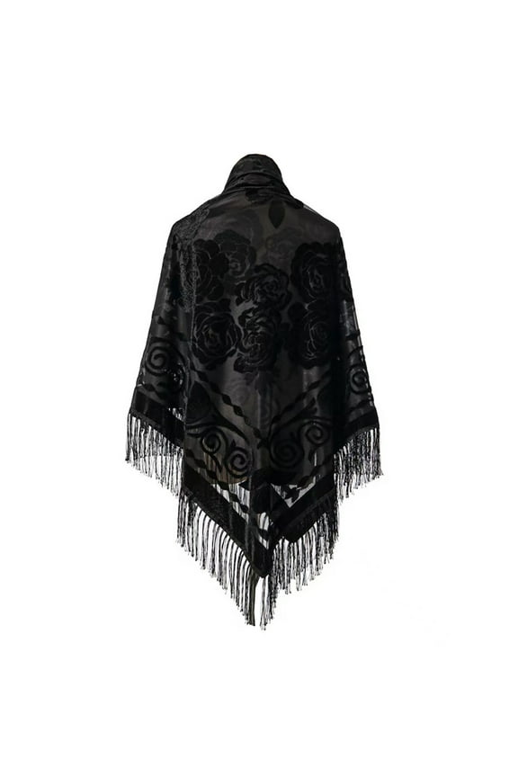 Retro Large Square Scarf Velvet Jacquard Fringe Wrap for Women Autumn Winter Stylish Ethnic Design Black
