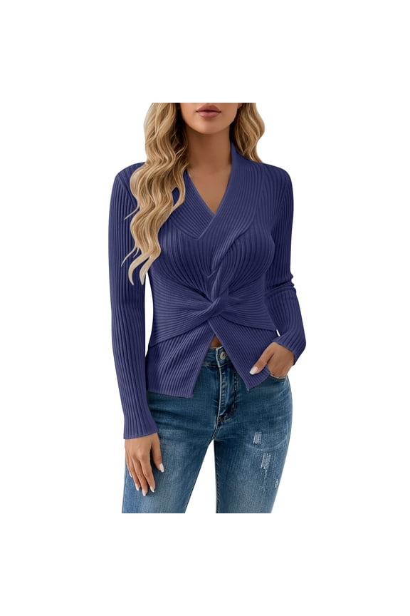 Ribbed Hem Split Side Long Sleeve Slim Fit Pullover Sweater Soft Comfortable Casual for Everyday Wear Elegant Solid Color Knit Blue L