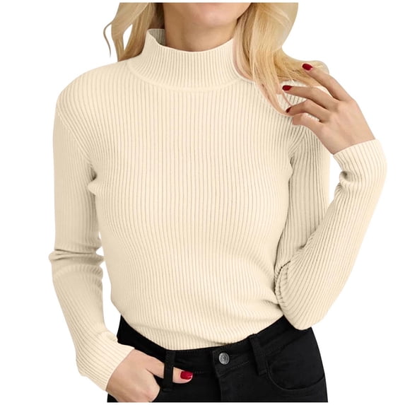 UJNDER Ribbed Pullover Sweater for Women Turtleneck Elegant Knitted Long Sleeve Slim Fit Autumn Winter Beige One Size