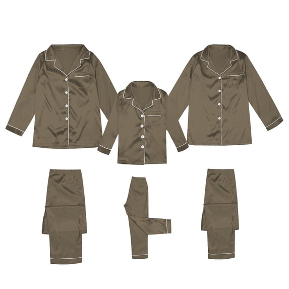 UJNDER Satin Silk Button Down Pajamas PJ Sets Solid Two Piece Family Matching Sleepwear Loungewear Long Sleeve Kids Brown 13-14 Years