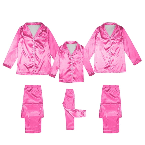 UJNDER Satin Silk Button Down Pajamas PJ Sets Solid Two Piece Family Matching Sleepwear Loungewear Long Sleeve Kids Hot Pink 7-8 Years