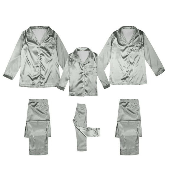 UJNDER Satin Silk Button Down Pajamas PJ Sets Solid Two Piece Family Matching Sleepwear Loungewear Long Sleeve Women Grey XXL