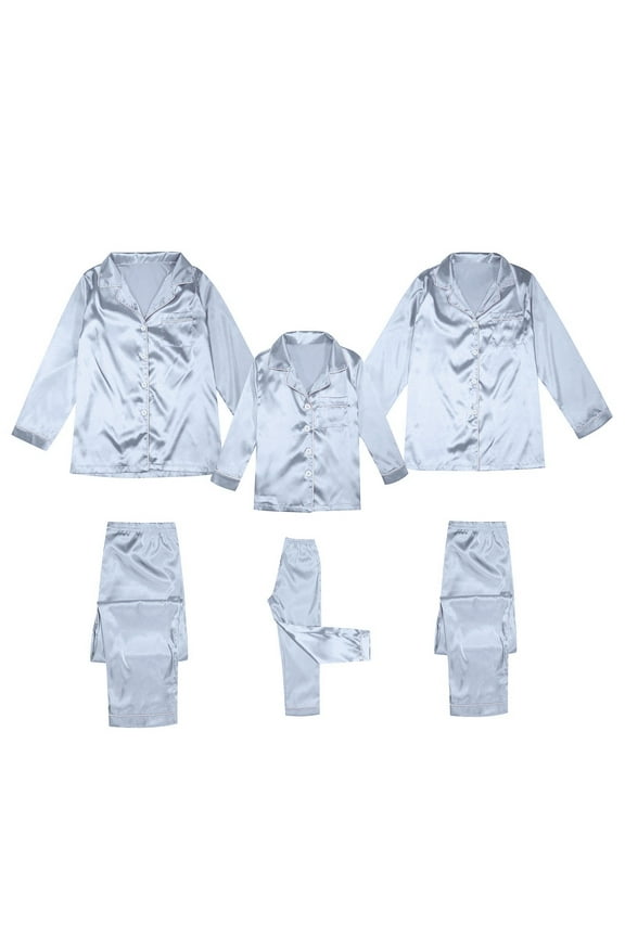 Satin Silk Button Down Pajamas PJ Sets Solid Two Piece Family Matching Sleepwear Loungewear Long Sleeve Women Silver XL