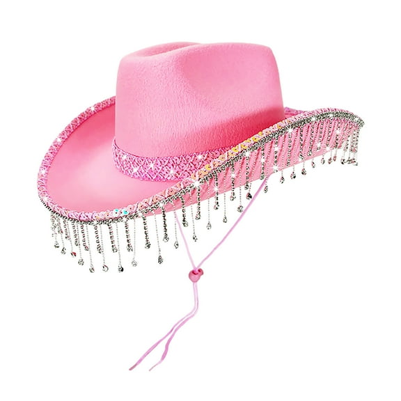 UJNDER Sequin Tassel Cowboy Bowler Hat for Party Stage Performances Stylish Western Accessories for Festive Events Pink