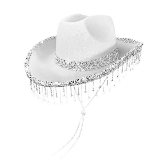 UJNDER Sequin Tassel Cowboy Bowler Hat for Party Stage Performances Stylish Western Accessories for Festive Events White