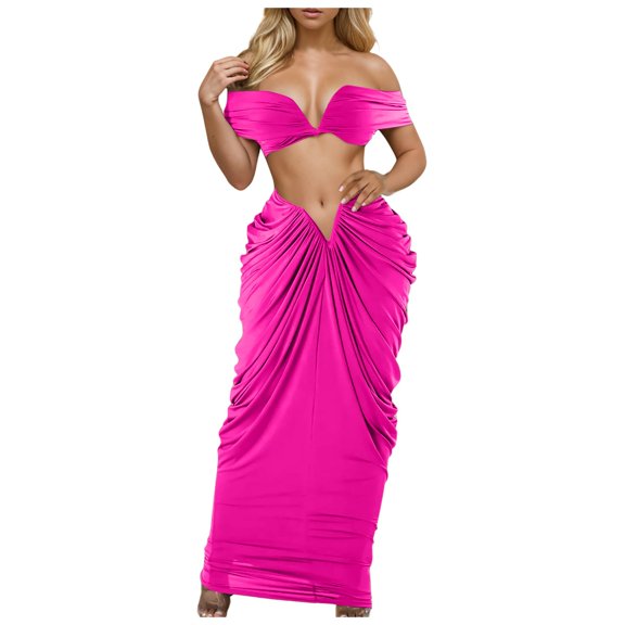 UJNDER Sleeveless Bodice Stretch Tight Floor Length Pleated Skirt Set Comfortable Maxi Skirt for Women Pink L