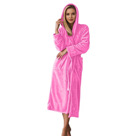 UJNDER Soft Flannel Hooded Bathrobe for Long Loungewear with Belt Cozy Winter Kimono Robe and Sleepwear Garment Robes for Women Hot Pink L