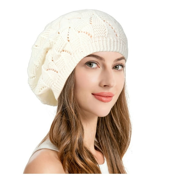 UJNDER Soft Knit Airy Cutout Lightweight Slouchy Crochet Beret Hat for Stylish Fashion and Everyday Wear White