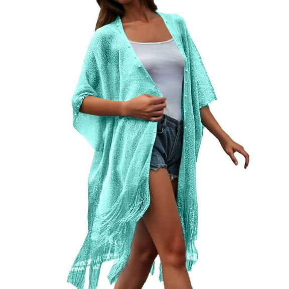 UJNDER Solid Beach Shawl Cardigan Bikini Blouse Mid Length Sun Protective Cover-Up for Women Green