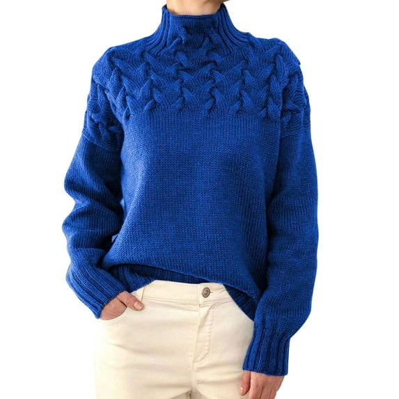 UJNDER Solid Color Cable Knit Round Neck High Neck Long Sleeve Sweater for Women Fashion Pullover Blue L