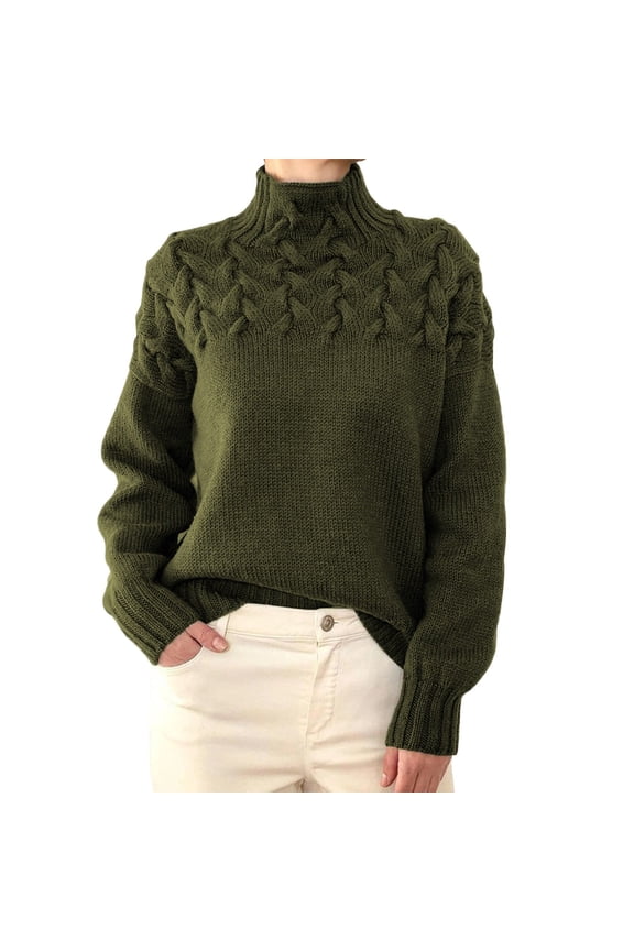 Solid Color Cable Knit Round Neck High Neck Long Sleeve Sweater for Women Fashion Pullover Dark Green S