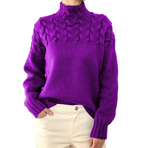 UJNDER Solid Color Cable Knit Round Neck High Neck Long Sleeve Sweater for Women Fashion Pullover Purple XL