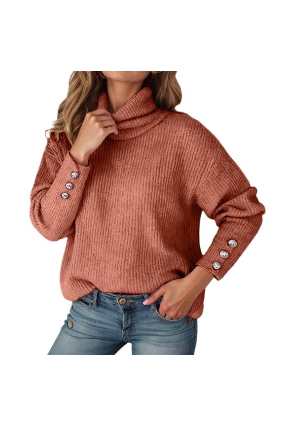 Solid Color Scarf Collar Long Sleeve Pullover Sweater Button Down Knit Top for Autumn Winter Warm Casual Blouse Brick Red XXL