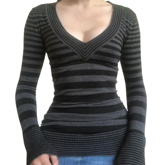 UJNDER Striped Long Sleeve Slim Top for Women Color Block Square Collar Autumn Winter 90s 02-Black M