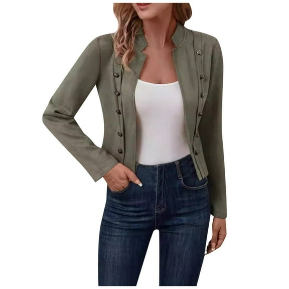 UJNDER Style Double Solid Color Suede Jacket for Women Long Sleeve Outerwear with Decorative Buttons Green M