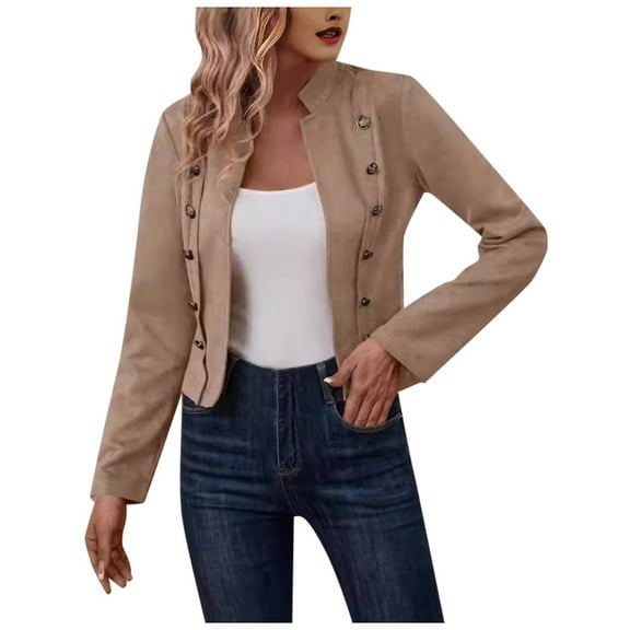 UJNDER Style Double Solid Color Suede Jacket for Women Long Sleeve Outerwear with Decorative Buttons Khaki L