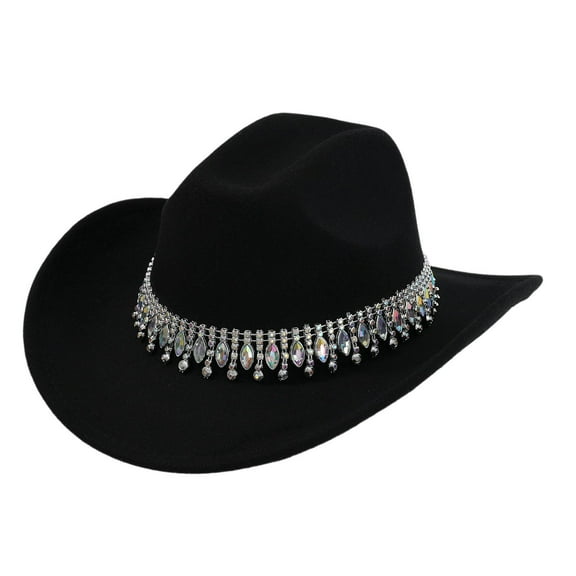 UJNDER Stylish Cowboy Hat for Men Women Western Elegant Jazz Hat with Fringe and Rhinestone Embellishments for Casual Outings and Party Black
