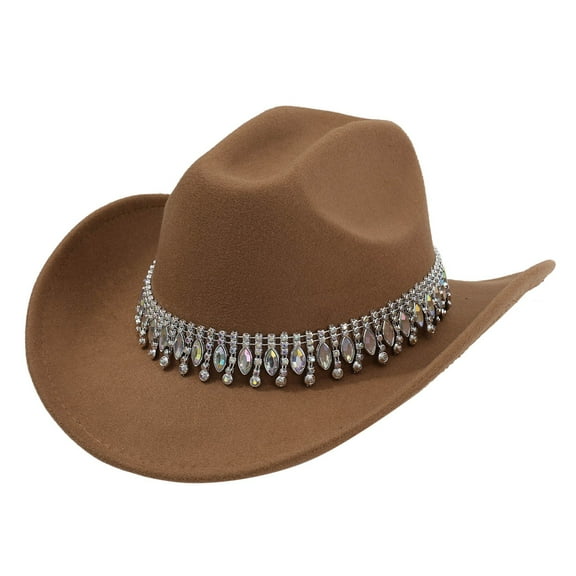UJNDER Stylish Cowboy Hat for Men Women Western Elegant Jazz Hat with Fringe and Rhinestone Embellishments for Casual Outings and Party Brown
