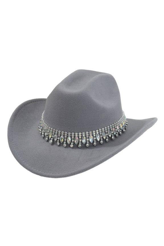 Stylish Cowboy Hat for Men Women Western Elegant Jazz Hat with Fringe and Rhinestone Embellishments for Casual Outings and Party Grey