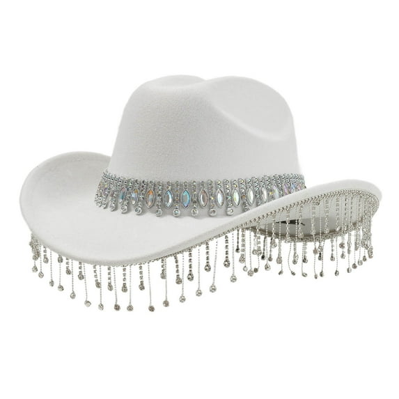 UJNDER Stylish Cowboy Hat for Women and Men with Large Round Gemstone Fringe and Rhinestone Decorations Ideal for Parties and Events White