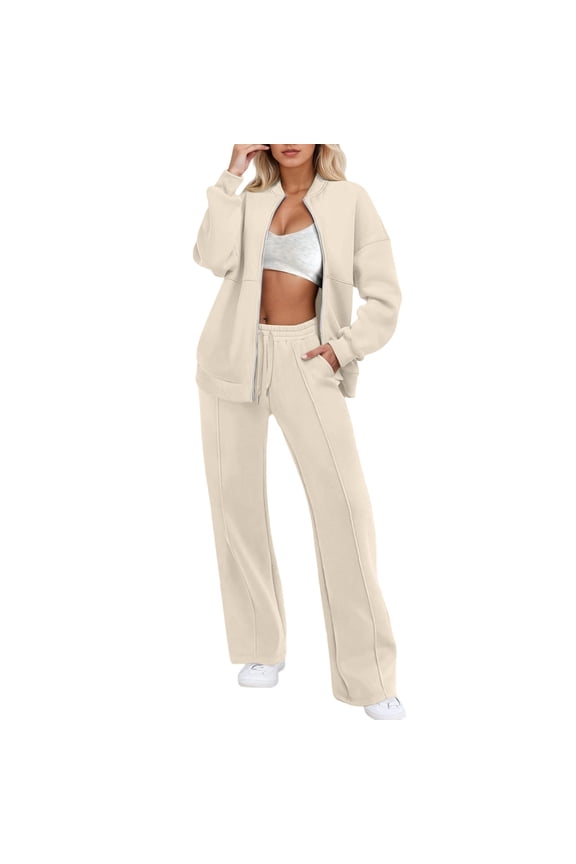 Stylish Women's Trousers Suit Casual Zipper Cardigan with Long Pants for Modern Wardrobe Pant Suits for Women Beige S