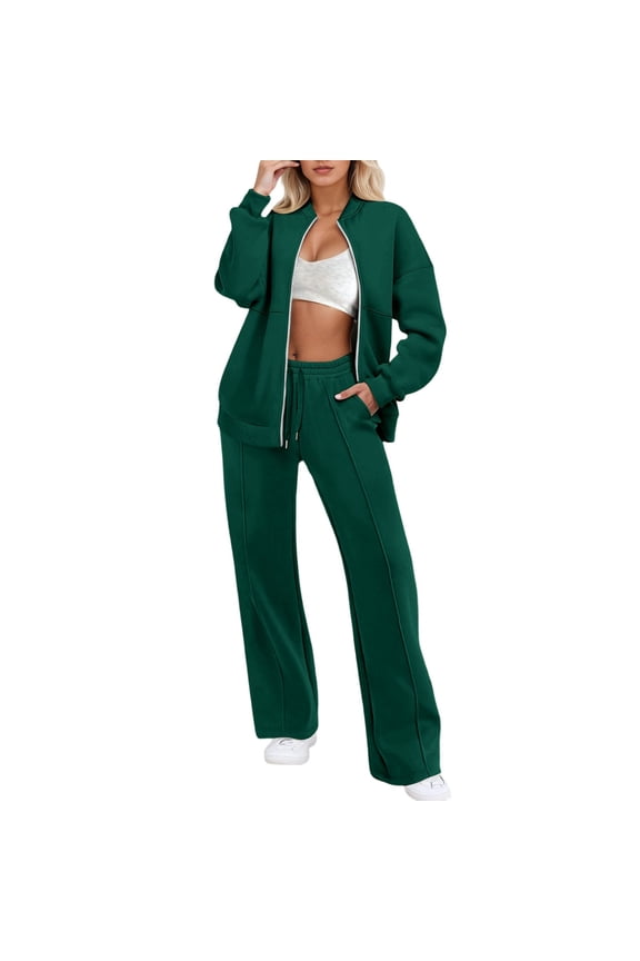 Stylish Women's Trousers Suit Casual Zipper Cardigan with Long Pants for Modern Wardrobe Pant Suits for Women Dark Green S