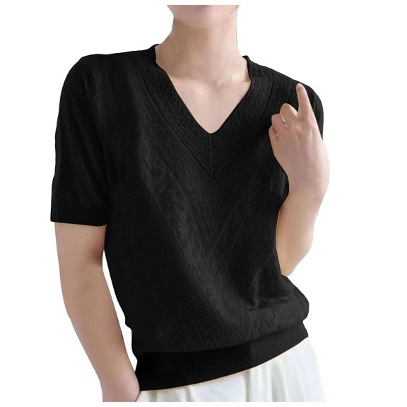 UJNDER Summer Knitted Short Sleeved V Neck Sweaters Fashionable and Thermal Tops for Women for Casual Wear Black M