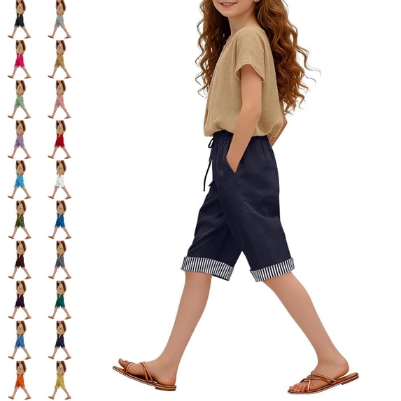 UJNDER Summer Shorts High Waist Wide Leg Cropped Pants with Pockets Casual Comfortable like Design for Girls Striped Pants Navy_002,7-8 Years