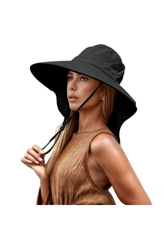 Summer Wide Brim Sun Hat With Cape For Women Lightweight Outdoor Accessory UV Protection Beach Hat With Attachable Face Cover Black